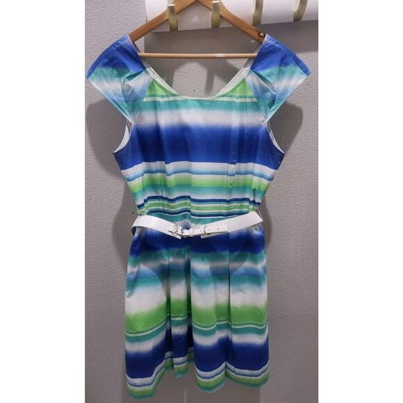 Alex Marie Dresses & Skirts - Alex Marie‎ size 16 white blue green striped sleeveless flare Pleated Dress